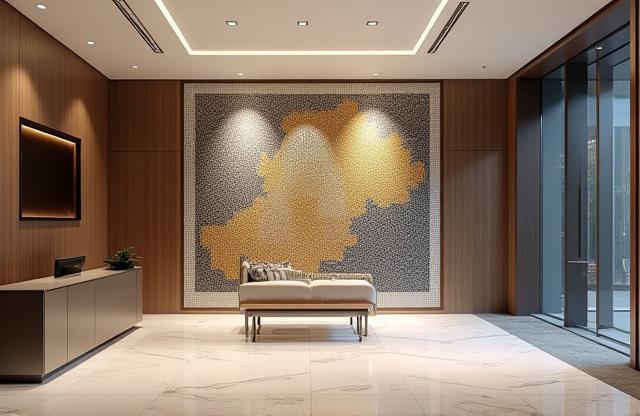 Lobby of an office building with a large custom mosaic tile art piece on the wall